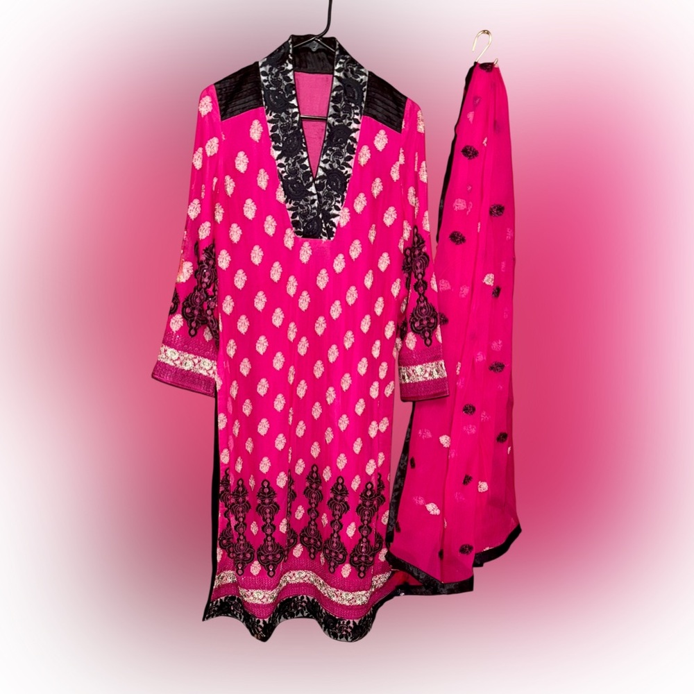Pink and Black Embroidered Kurta Set